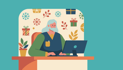 Stylized elder works on a laptop amid festive winter decor gifts and snowflakes