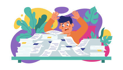 Businessman stressed and drowning in massive paperwork deadline burden concept