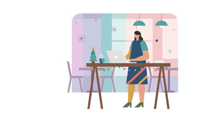 Festive remote work Woman using laptop at a decorated desk during the holiday season