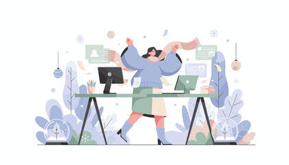 Joyful woman celebrates business success in a cozy festive winter office illustration