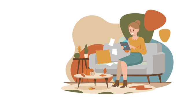 Relaxed woman using tablet on sofa in cozy autumn home Remote work learning or communication concept - Powered by Adobe