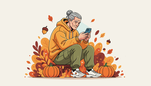 Stylish senior man texting on smartphone among autumn leaves and pumpkins
