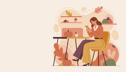 Woman using smartphone in a cozy autumndecorated interior Seasonal connection and digital lifestyle