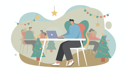 Dedicated worker uses laptop in a Christmasdecorated office Holiday business concept