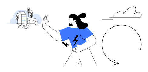 Woman reacting to dairy products holding stomach, depicting food intolerance. Lightning bolts symbolize discomfort. Ideal for health awareness, allergies, nutrition, diet, wellness, prevention
