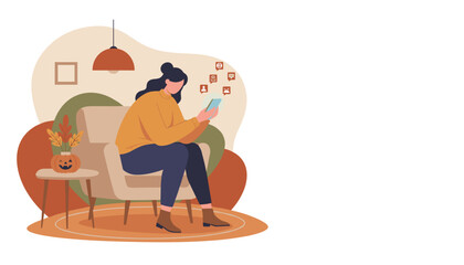 Autumn leisure Woman checking social media notifications on phone in a cozy decorated room