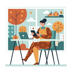 Autumn remote work Woman multitasking with laptop and digital devices in cozy home office