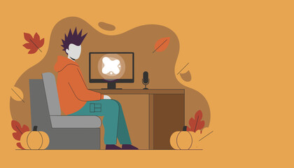Remote work or study during autumn Flat vector illustration of a person creating content at a desk