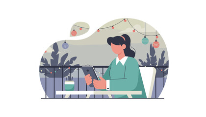 Woman uses tablet outdoors on a festive balcony connecting during the holidays