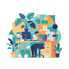 Stressed businessman dealing with paperwork overload and administrative chaos