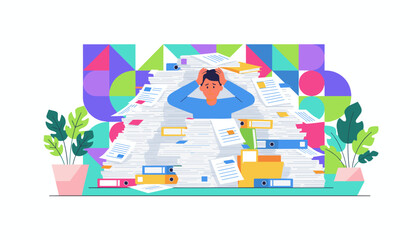 Stressed person buried in a mountain of documents and papers Workload bureaucracy and deadline pressure