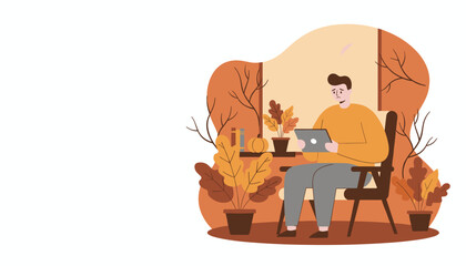 Young man working on a tablet at home in an autumnal setting Remote work stress illustration