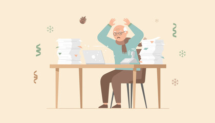 Stressed senior man overwhelmed by paperwork and holiday deadlines at his office desk
