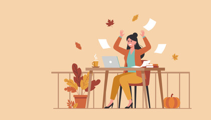 Frustrated businesswoman at outdoor autumn desk experiencing work stress and burnout