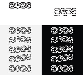 2026 vector set: unique, trendy, and versatile typographic designs—bubble, brush, inline, and groovy styles—for new year banners and graphics.