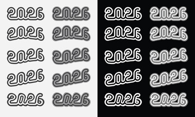 2026 vector set: unique, trendy, and versatile typographic designs—bubble, brush, inline, and groovy styles—for new year banners and graphics.