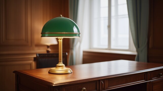 Green banker’s lamp on wooden desk in classic office