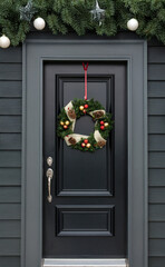 Christmas wreath and decorations on front door in winter. © Pierre