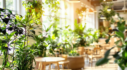 Serene cafe interior with abundant greenery, sunlight, and wooden furniture