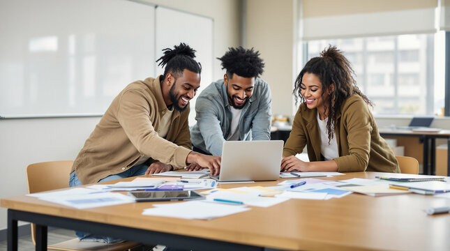 Joyful diverse team smiling and collaborating on a project with a laptop in a bright modern office