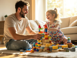 Joyful father and daughter building a tower with colorful blocks in sunny living room