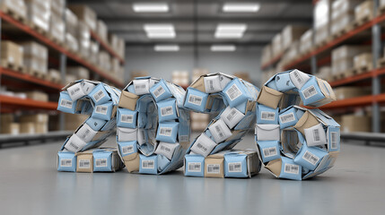 Year 2026 constructed from many brown and blue shipping parcels with barcodes inside a large warehouse, visualizing future logistics, e commerce growth, and global freight delivery