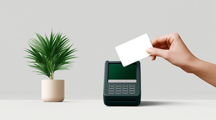 Hand holding a blank payment card over a point of sale terminal, initiating a digital purchase transaction using modern finance technology