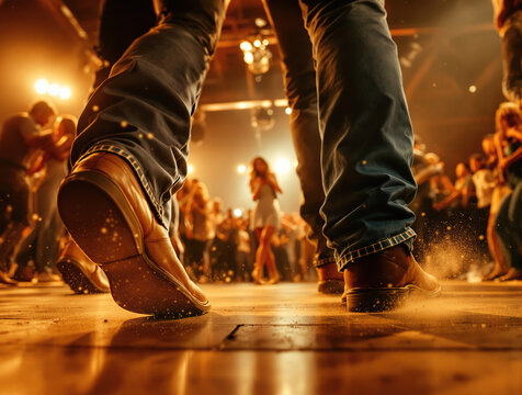 Energetic dance floor with feet shuffling and dust rising under warm club lights
