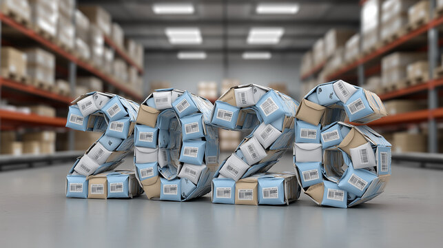 Year 2026 constructed from many brown and blue shipping parcels with barcodes inside a large warehouse, visualizing future logistics, e commerce growth, and global freight delivery