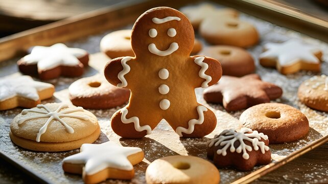 A collection of beautifully decorated gingerbread cookies arranged on a baking sheet.