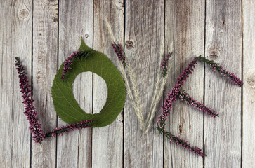 Eco Love Composition with Green Leaf Letters and Pink Heather - Sustainable Lifestyle Concept
