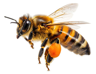 Isolated honey bee , a stunning bee is flying, isolated on transparent background, macro, incredible pollinator