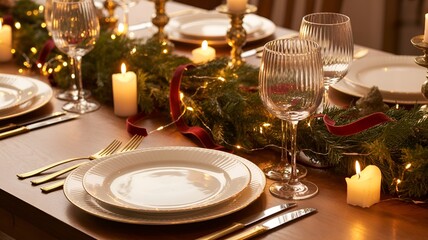 Elegant table setting with candles for a festive dinner.