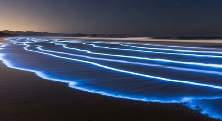 Illuminated shoreline at night, with bright blue bioluminescent waves creating luminous patterns