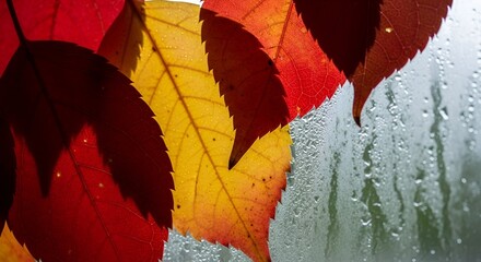Close-up of autumn leaves in shades of red and yellow against a blurry, wet window