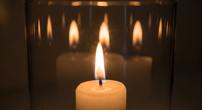 Close-up of a lit white candle in a clear glass, with reflections - Powered by Adobe