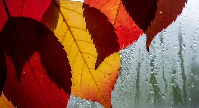 Close-up of autumn leaves in shades of red and yellow against a blurry, wet window