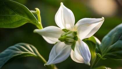 Fototapeta premium Macro Close Up Of A Delicate White Flower From A Sweet Pepper Plant In Nature