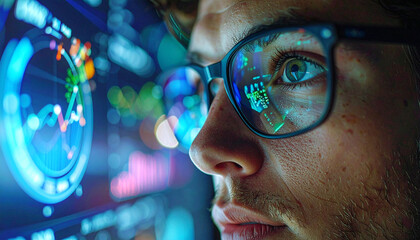 Data Analyst: An intelligent analyst gazes intently at complex data visualizations displayed on a modern monitor, the glowing screen reflected in their glasses.