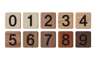 Wooden number tiles from zero to nine, perfect for educational concepts, design projects, and marketing materials