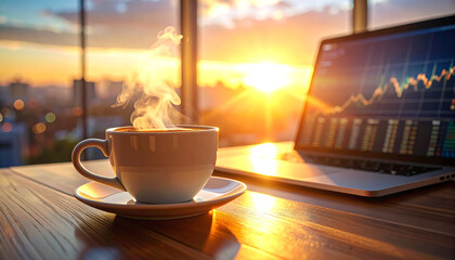 Sunrise Brew and Market Analysis: The day begins with a steaming cup of coffee alongside a laptop, displaying financial data as the sun bathes the scene in a golden light.