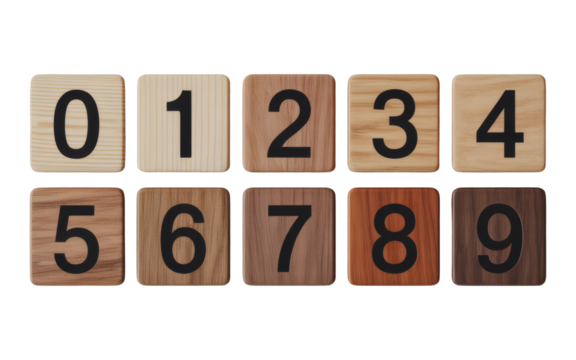 Wooden number tiles from zero to nine, perfect for educational concepts, design projects, and marketing materials