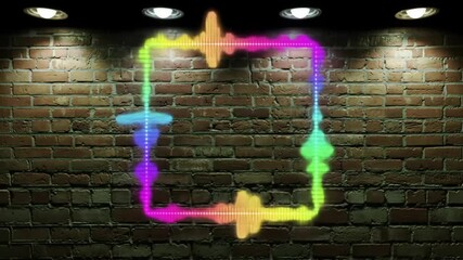 Dynamic audio equalizer animation on textured brick wall, vibrant colors and modern design, - Powered by Adobe