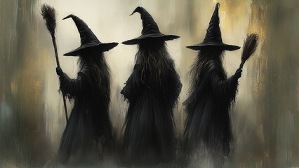 Three Witches with Brooms in Dark Forest Witchcraft Art