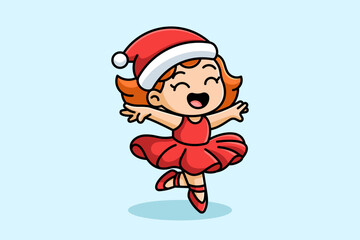 Cute dancing girl wearing Santa hat in cartoon style