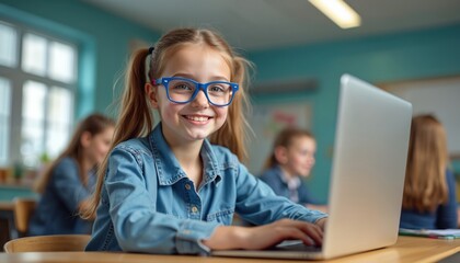 Happy girl with blue glasses uses laptop at desk in classroom. Other kids are blurred in background learning. Modern education and digital literacy for young students.