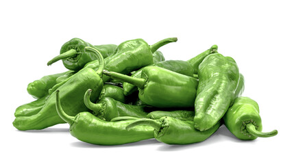 Fresh green Italian friggitello chili peppers piled together on a white background, showcasing their shiny texture, vibrant color, and natural freshness as a healthy vegetable ingredient.