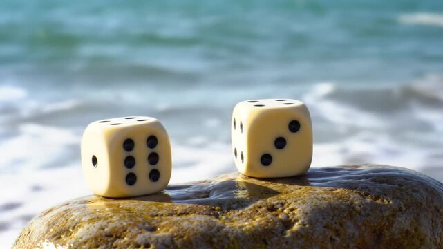 Dice on a Stone Beach, Chance and Recreation, Symbol of Risk, Gambling concept and Vacation - Powered by Adobe