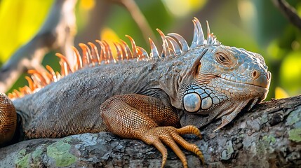 Naklejka premium Green Iguana Resting Lazily Tree Limb Under Tropical Sun Scale Covered Body and Calm Expression Natural Wildlife Captured In Vivid Nature Setting