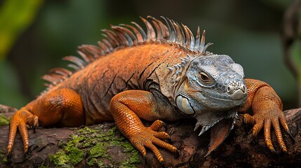 Fototapeta premium Green Iguana Resting Lazily Tree Limb Under Tropical Sun Scale Covered Body and Calm Expression Natural Wildlife Captured In Vivid Nature Setting